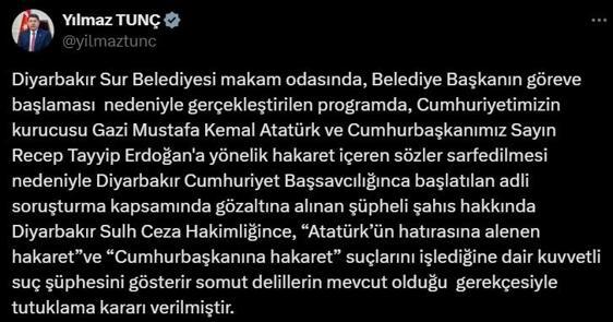 Sur Belediyesi'ndeki hakaret içerikli sözlere tutuklama kararı