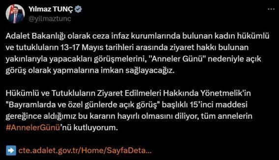 Bakan Tunç açıkladı! Kadın hükümlülere 'Anneler Günü' jesti